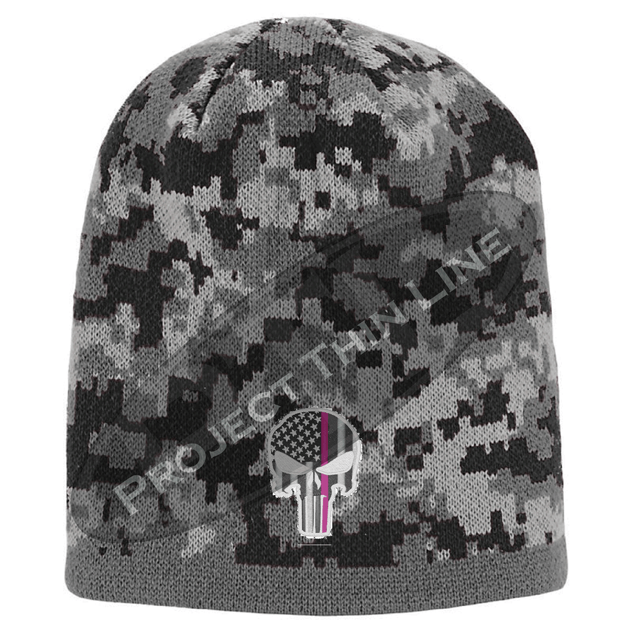 BLACK Camo with Thin Pink Line Punisher Skull inlayed subdued American Flag