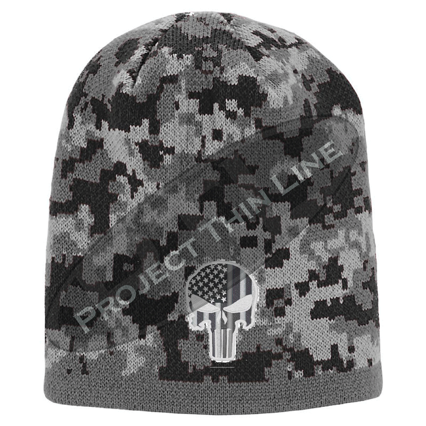 Black Camouflage Skull Cap with embroidered Subdued Punisher American Flag