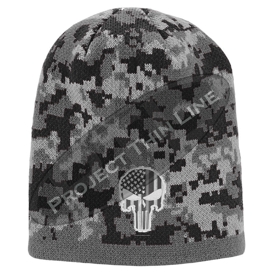Black Camouflage Skull Cap with embroidered Subdued Punisher American Flag
