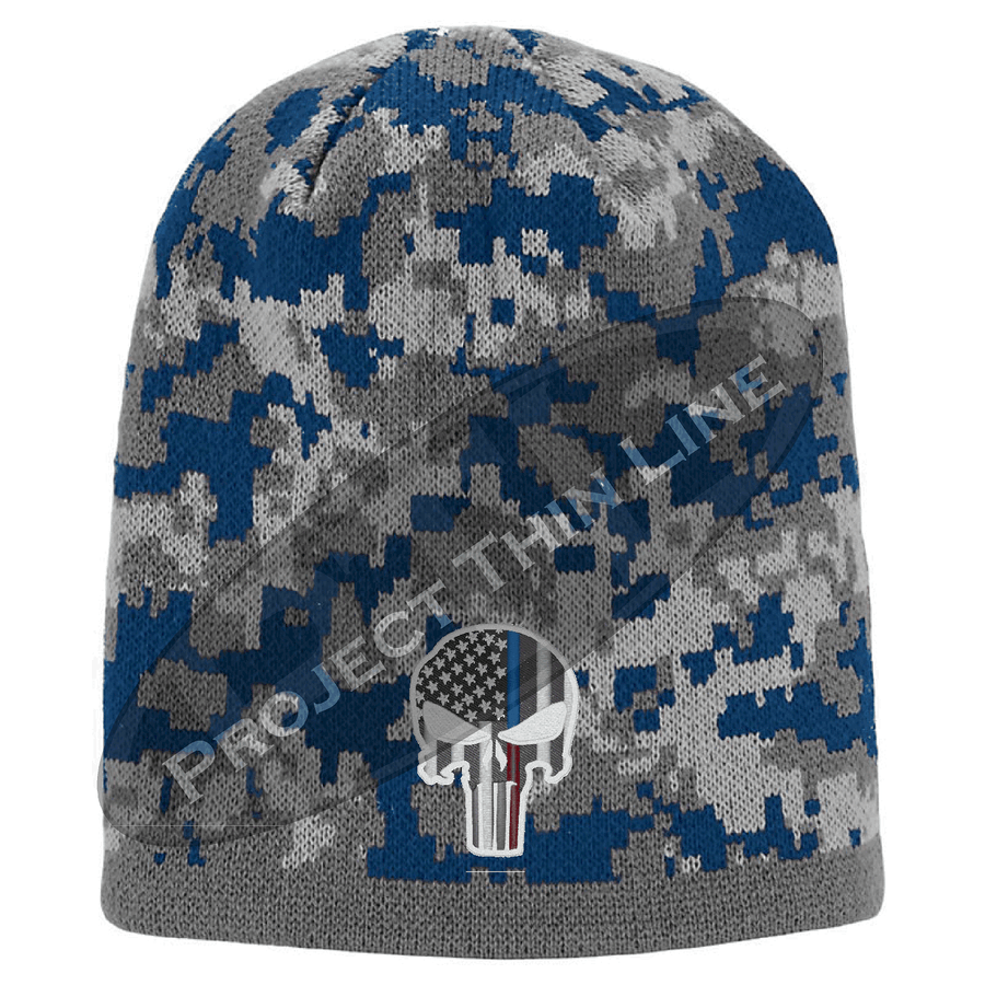 Camouflage Thin Blue / Red Line Punisher Inlayed American FLAG Skull Cap