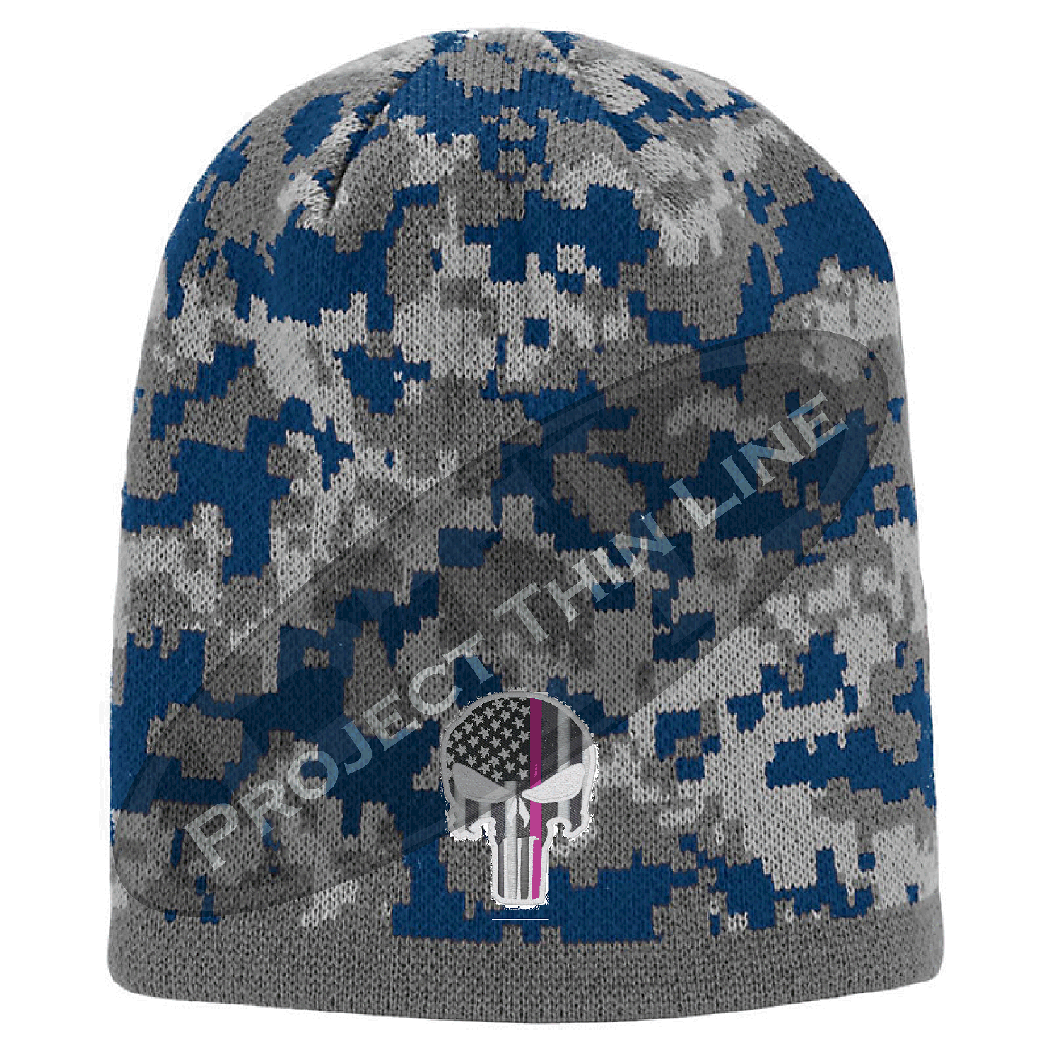Blue Camo with Thin Pink Line Punisher Skull inlayed subdued American Flag