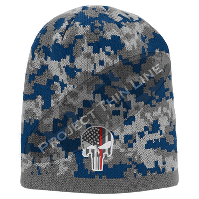 BLUE Camo with Thin Red Line Punisher Skull inlayed subdued American Flag
