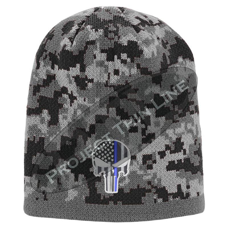 BLACK Camo with Thin Blue Line Punisher Skull inlayed subdued American Flag
