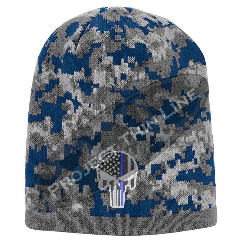 Blue Camouflage embroidered Subdued Thin BLUE Line Punisher Inlayed American FLAG Skull Cap