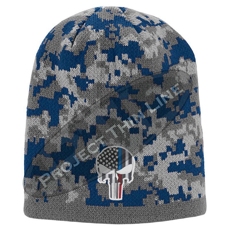 Blue Camouflage Thin Blue / Red Line Punisher Inlayed American FLAG Skull Cap