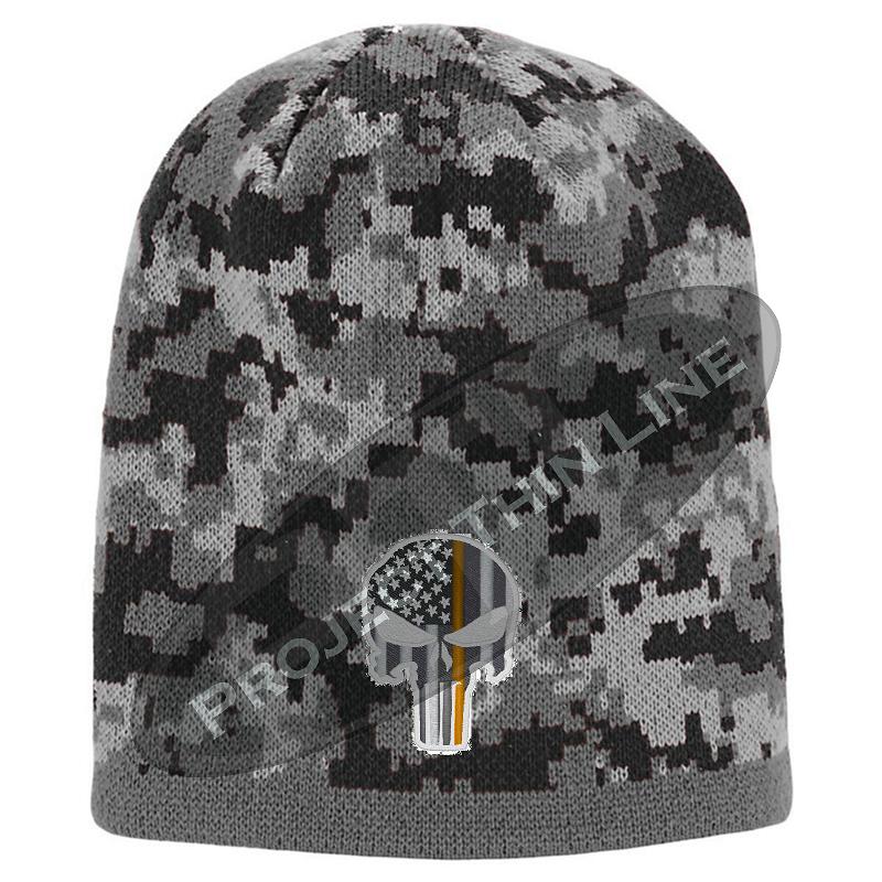 Black Camoflauge Thin ORANGE Line Punisher Skull Inlayed with American FLAG Skull Cap