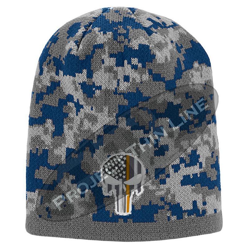 Blue Camouflage  Skull Cap with embroidered Subdued Orange Punisher Skull inlayed with American Flag