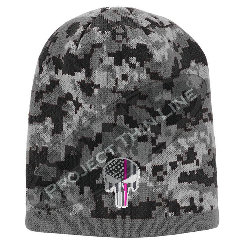 BLACK Camo with Thin PINK Line Punisher Skull inlayed subdued American Flag