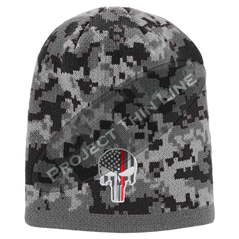 Black Camo Thin RED Line Punisher Inlayed American FLAG Skull Cap