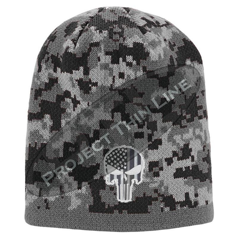 Black Camouflage  Skull Cap with embroidered Subdued SILVER Punisher Skull