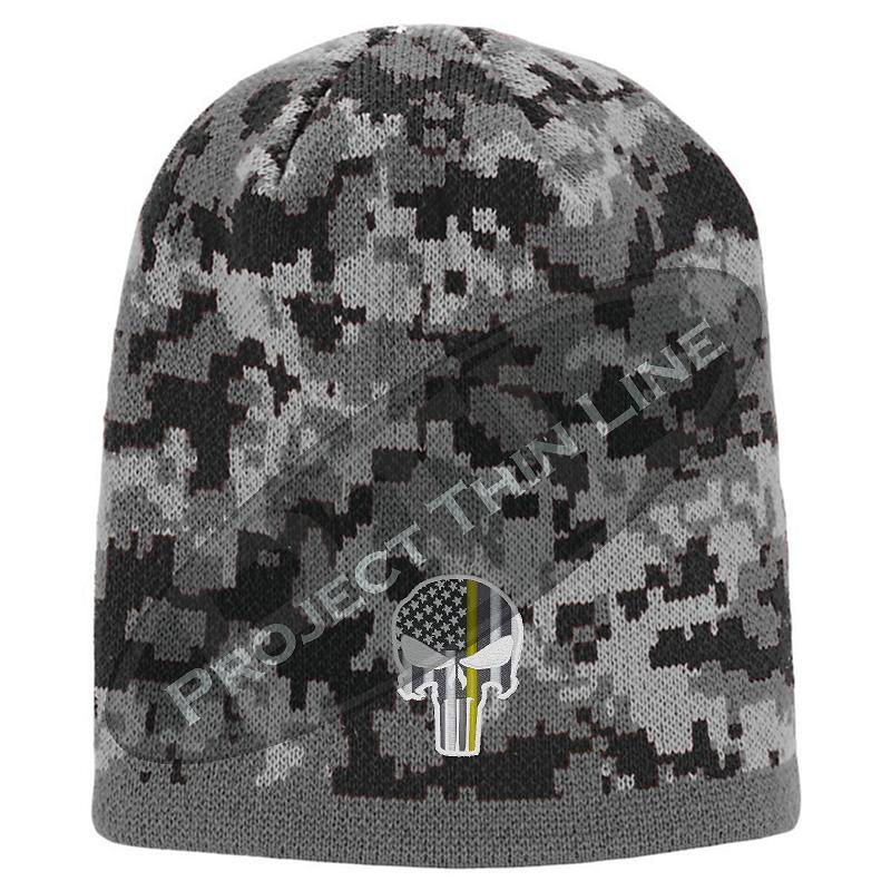 Black Camouflage Thin YELLOW Line Punisher Inlayed American FLAG Skull Cap