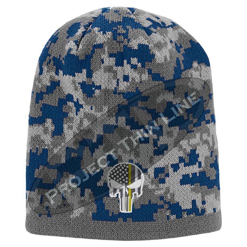 Blue Camo Thin YELLOW Line Punisher Inlayed American FLAG Skull Cap