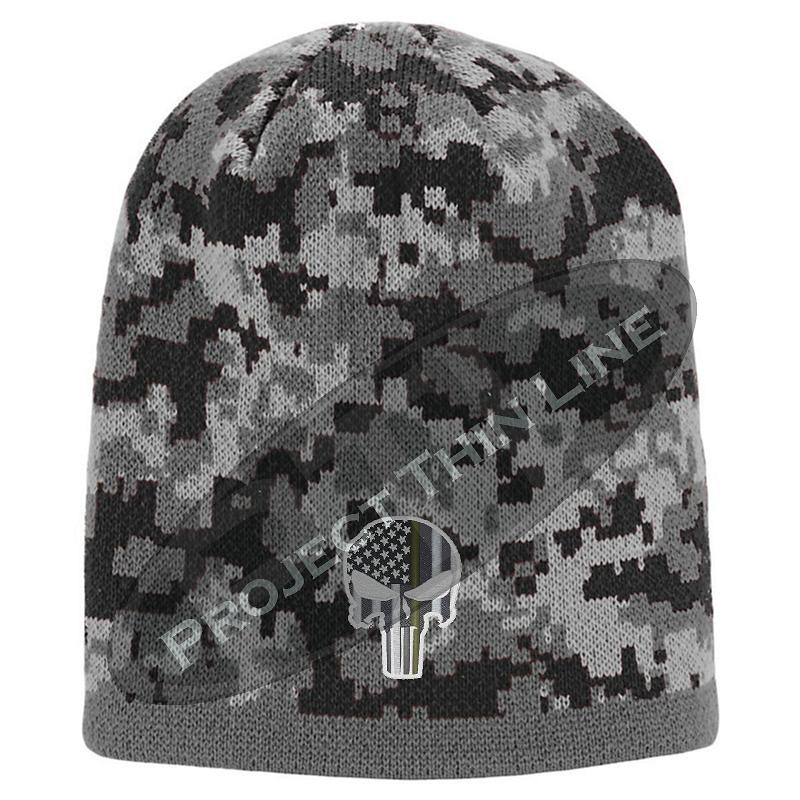 Camouflage Thin GOLD Line Punisher Skull inlayed with Subdued American Flag Winter Skull Cap