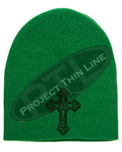 Green Skull Cap with Embroidered Black Celtic Cross