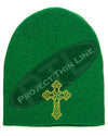 GREEN Skull Cap with Embroidered Gold Celtic Cross