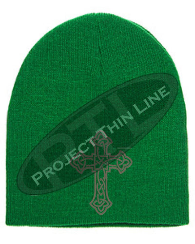 Green Skull Cap with Embroidered Silver Celtic Cross