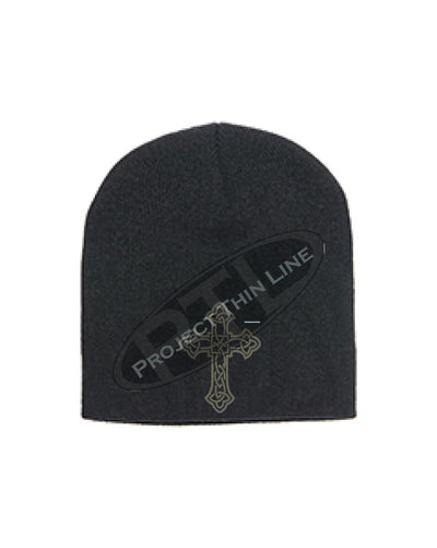 Black Skull Cap with Embroidered SILVER Celtic Cross