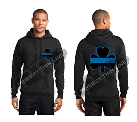 Mens - Thin BLUE Line Shamrock Clover Irish Hooded Sweatshirt