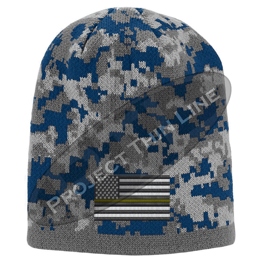 Blue Camouflage Thin GOLD Line American FLAG Skull Cap