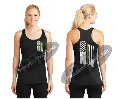 Black Tattered Thin GOLD Line American Flag Racerback Tank Top