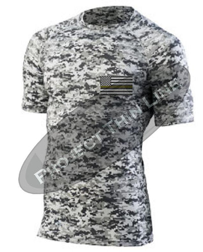 Digital Camo Short Sleeve Compression embroidered Thin Gold Line Subdued American Flag