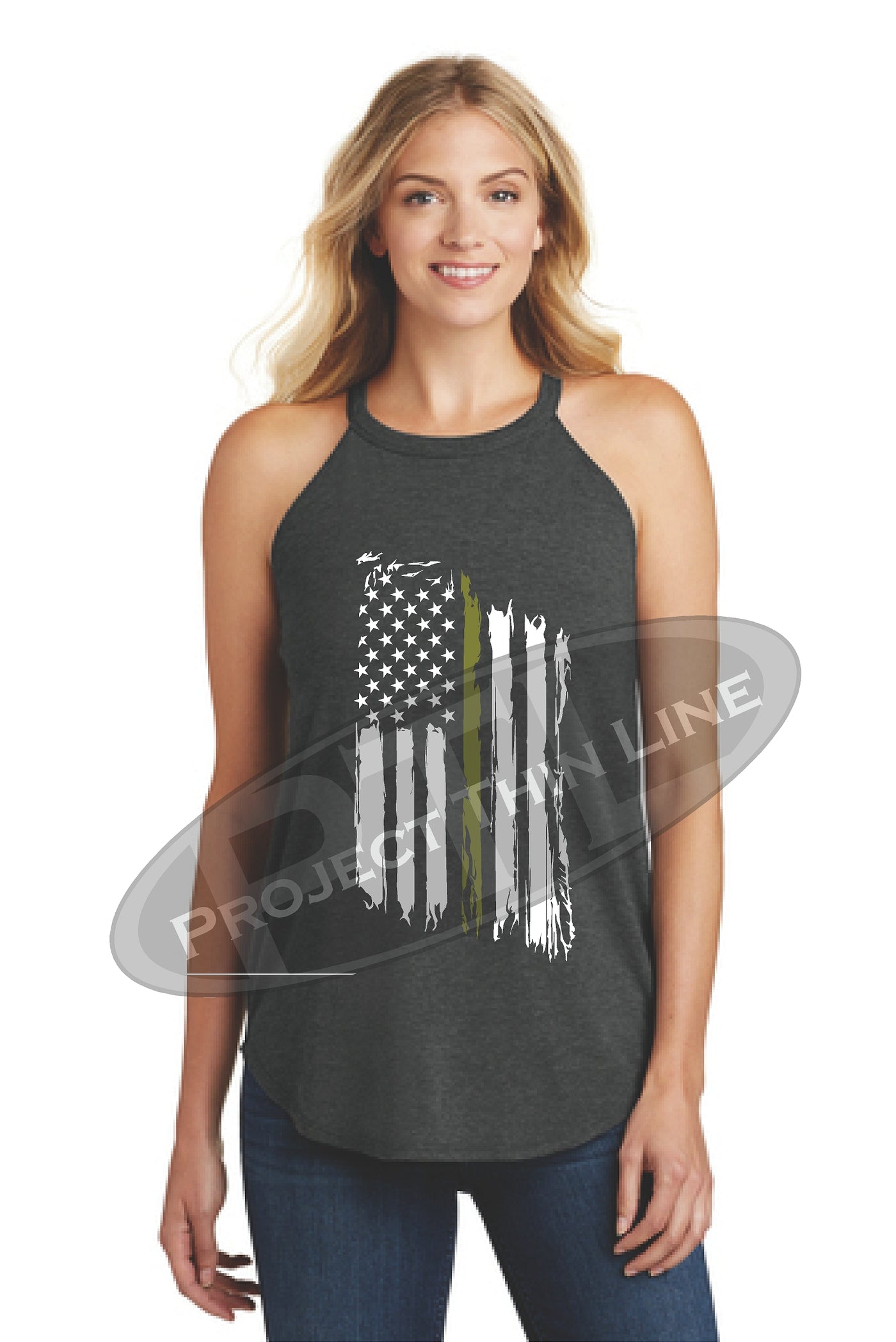 Tattered Thin GOLD Line American Flag Rocker Tank Top - FRONT