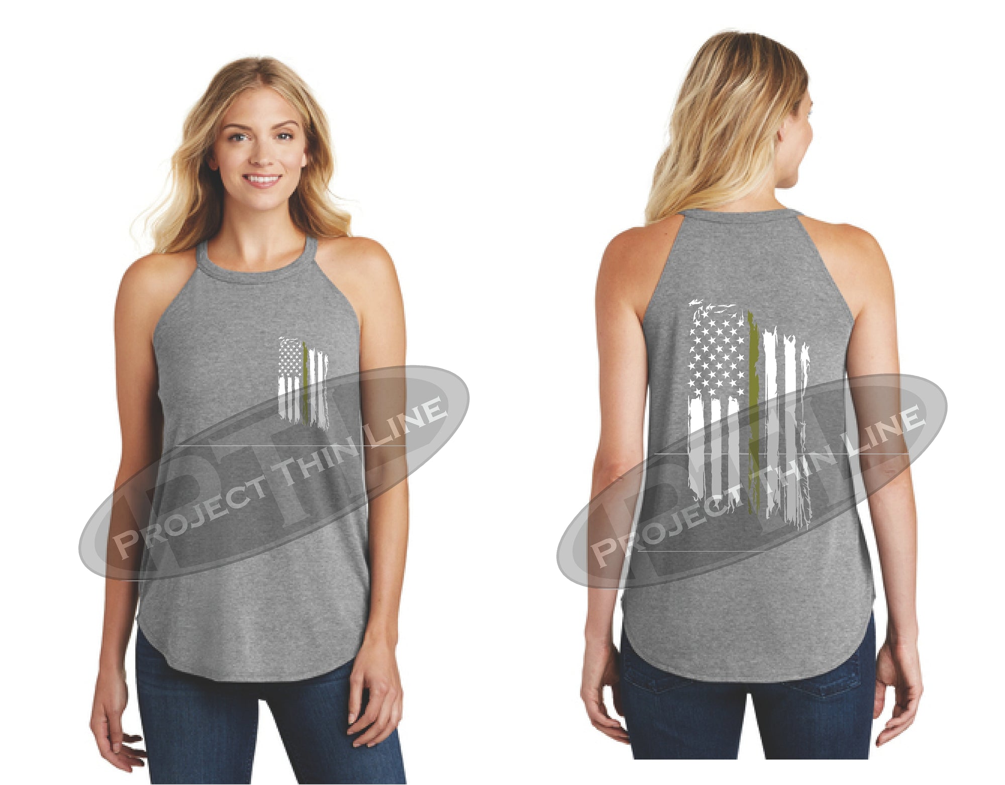 Grey Tattered Thin GOLD Line American Flag Rocker Tank Top
