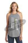 Grey Tattered Thin GOLD Line American Flag Rocker Tank Top - FRONT