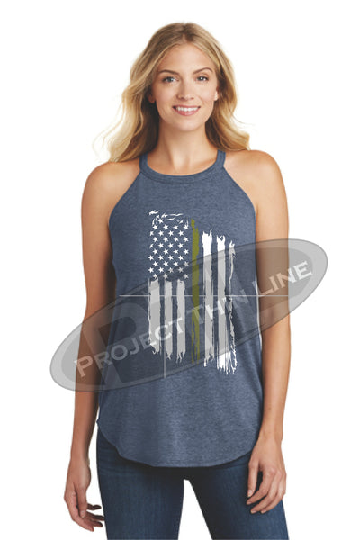 Navy Tattered Thin GOLD Line American Flag Rocker Tank Top - FRONT