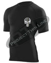 Black Short Sleeve Compression Shirt Thin GOLD Line Punisher Skull inlayed American Flag