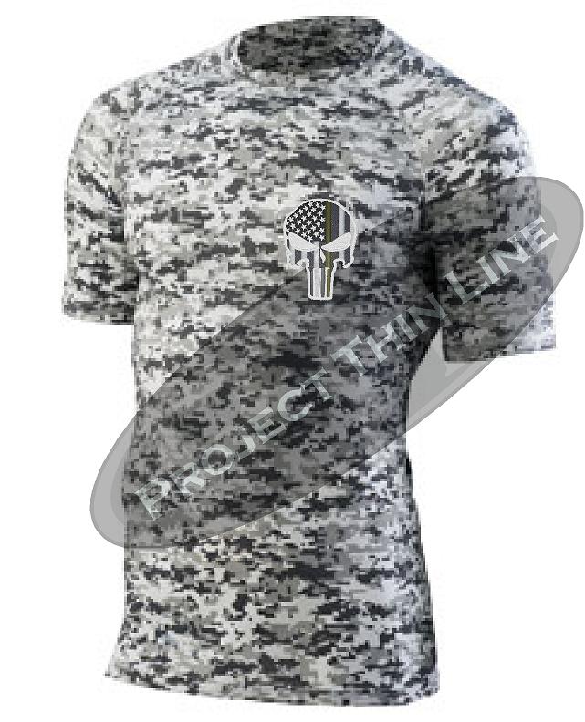Digital Camo Short Sleeve Compression Shirt Thin GOLD Line Punisher Skull inlayed American Flag