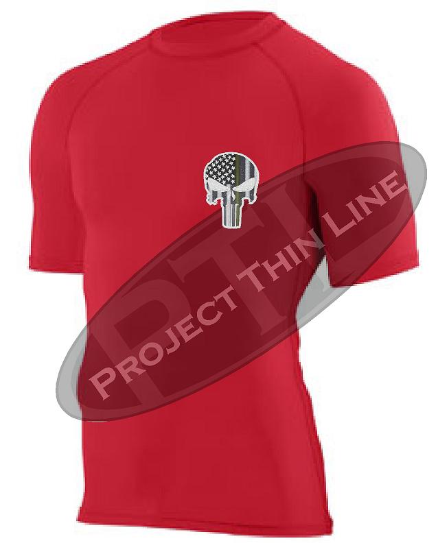 Red Short Sleeve Compression Shirt Thin GOLD Line Punisher Skull inlayed American Flag
