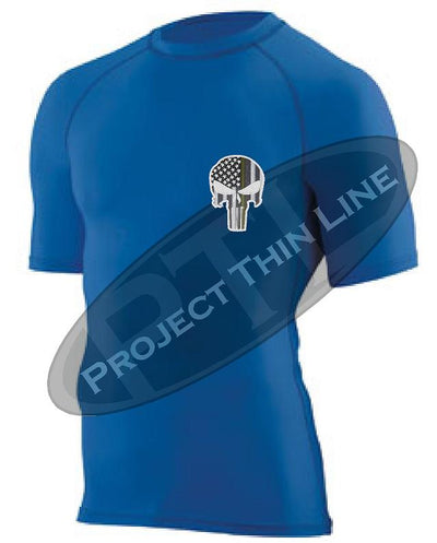 Royal Blue Short Sleeve Compression Shirt Thin GOLD Line Punisher Skull inlayed American Flag