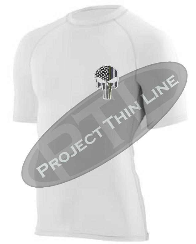 White Short Sleeve Compression Shirt Thin GOLD Line Punisher Skull inlayed American Flag