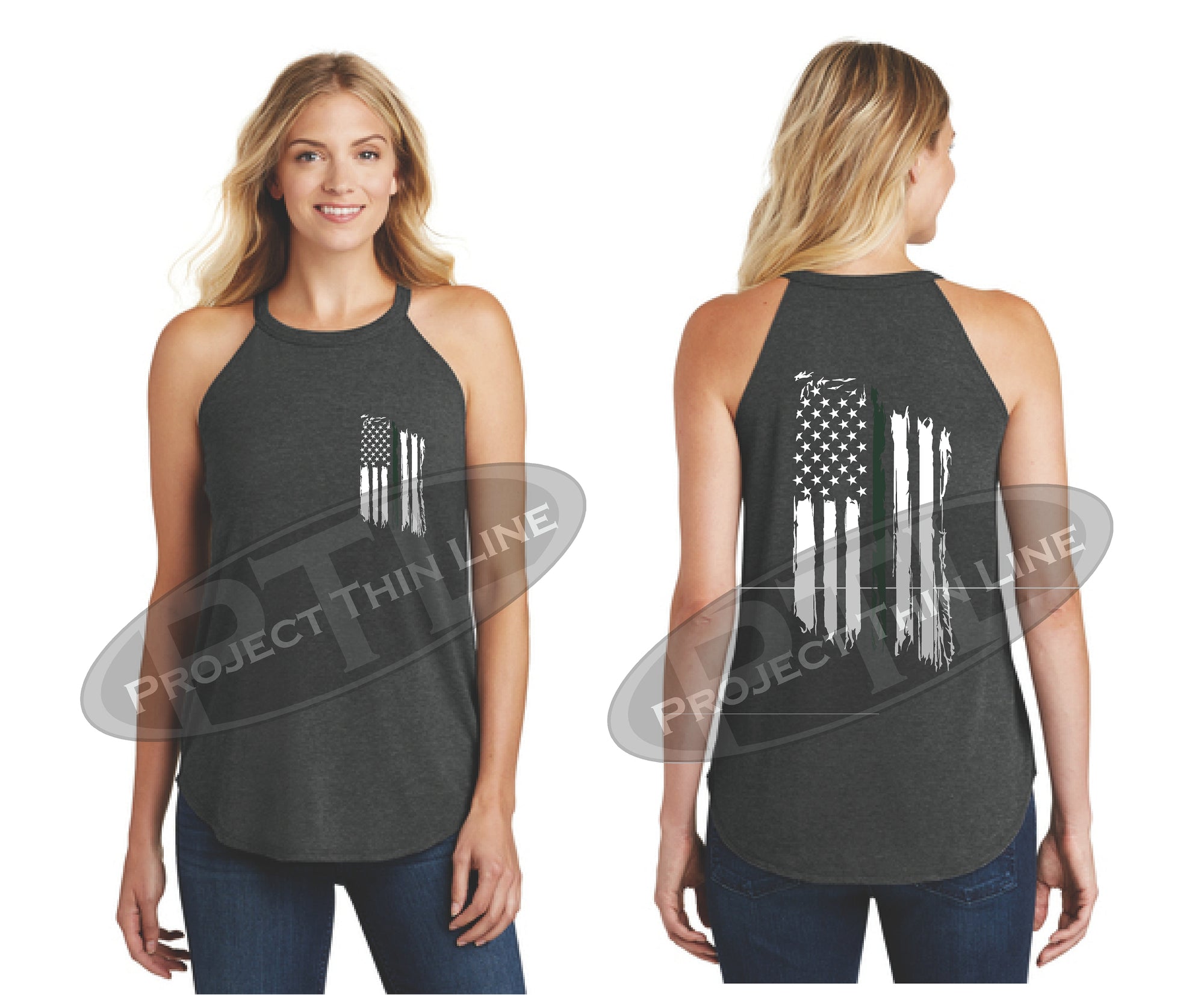 Black Tattered Thin GREEN Line American Flag Rocker Tank Top