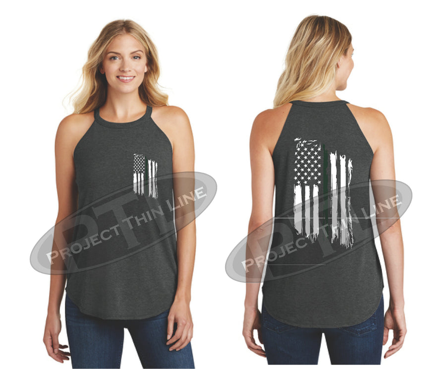Black Tattered Thin GREEN Line American Flag Rocker Tank Top