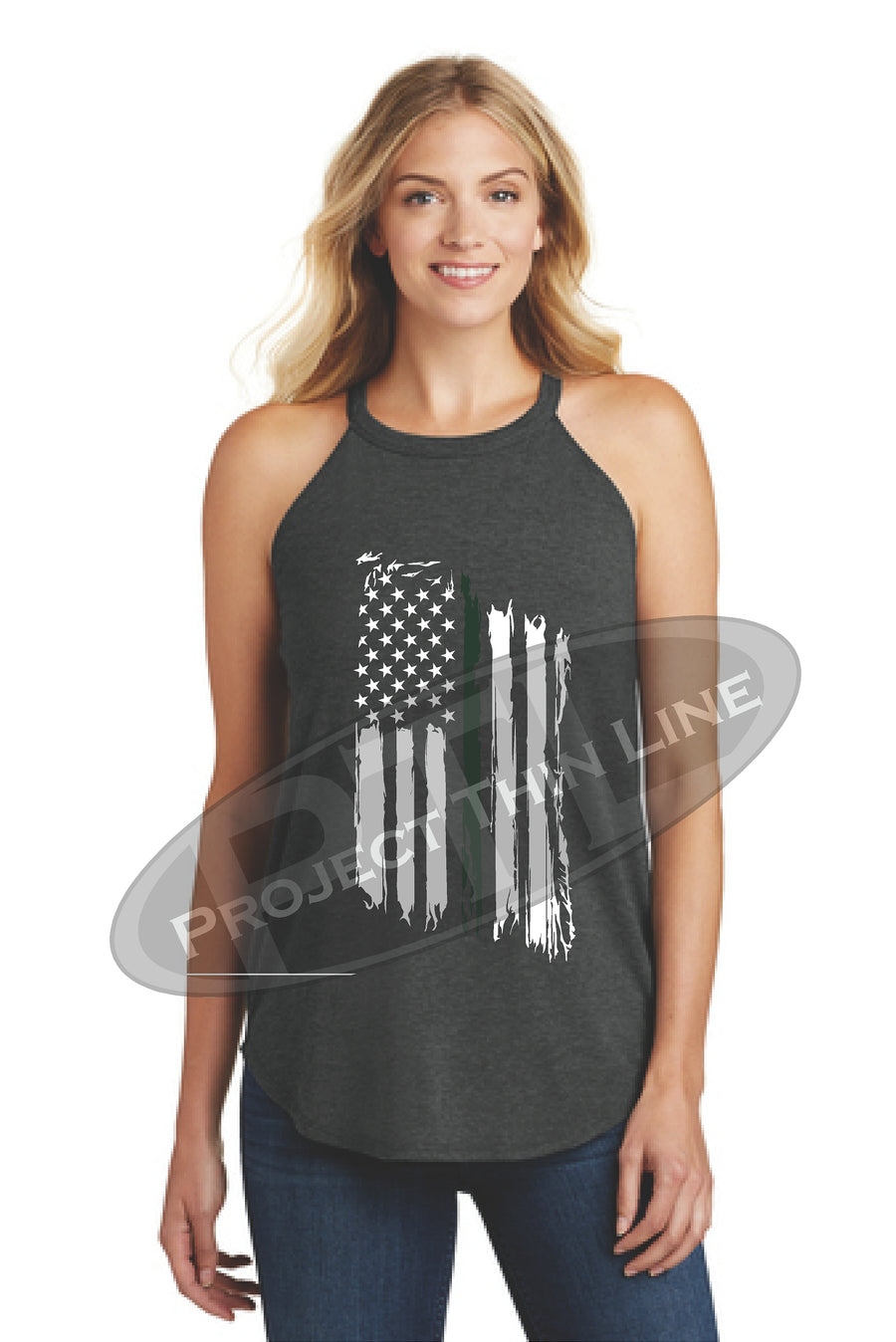 Black Tattered Thin GREEN Line American Flag Rocker Tank Top - FRONT
