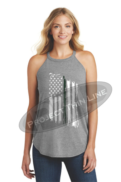Grey Tattered Thin GREEN Line American Flag Rocker Tank Top - FRONT