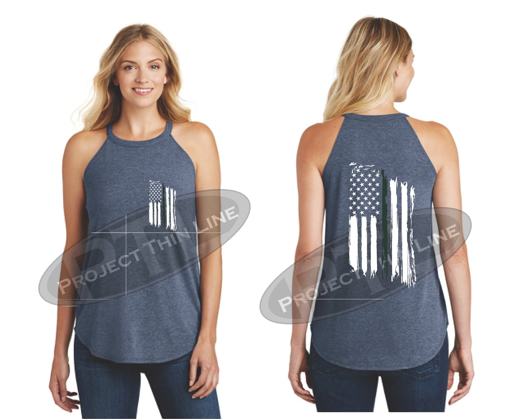 Navy Tattered Thin GREEN Line American Flag Rocker Tank Top