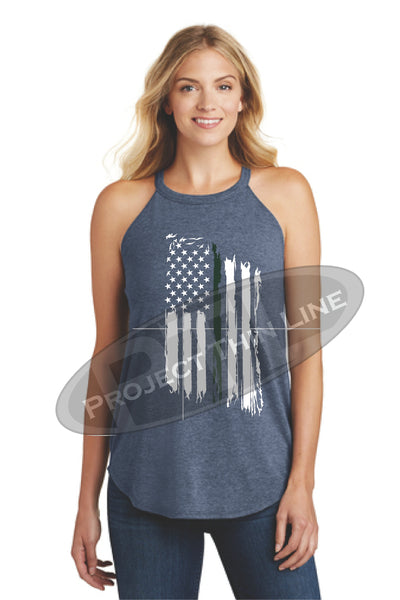 Navy Tattered Thin GREEN Line American Flag Rocker Tank Top - FRONT