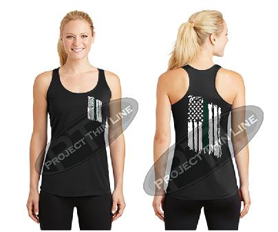 Black Tattered Thin GREEN Line American Flag Racerback Tank Top