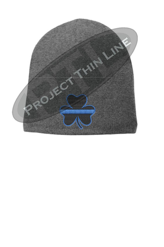 Grey Thin BLUE Line Shamrock Clover Skull Cap