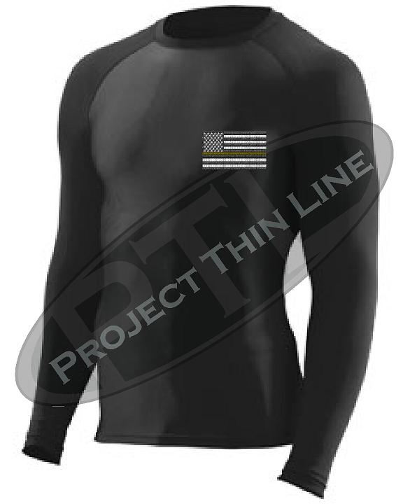 Black Long Sleeve Compression embroidered Thin YELLOW  Line Subdued American Flag
