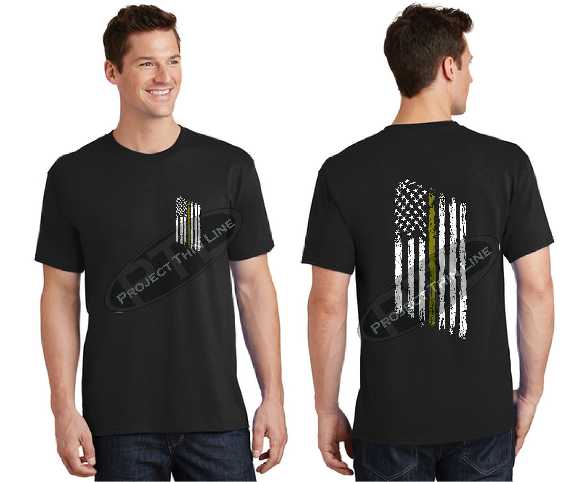 Black Thin Gold Line Tattered FLAG Short Sleeve Shirt