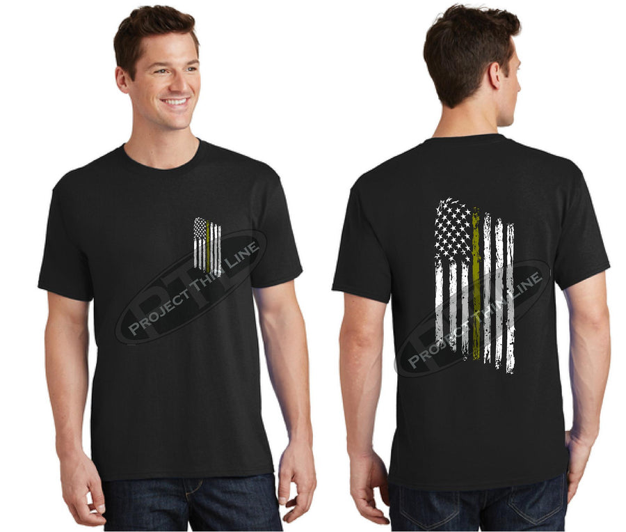 Black Thin Gold Line Tattered FLAG Short Sleeve Shirt
