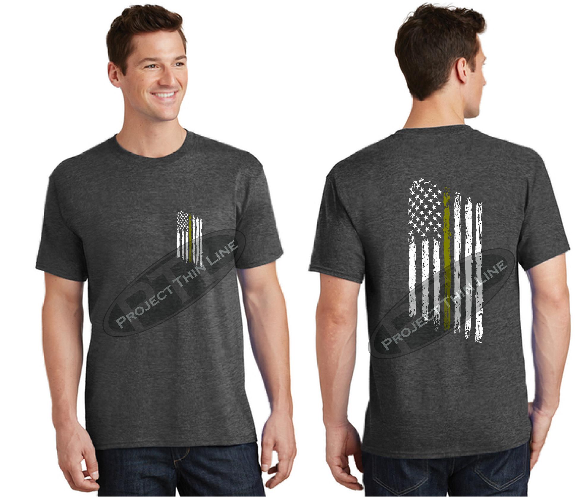 Dark Grey Thin GOLD Line Tattered American Flag Short Sleeve Shirt