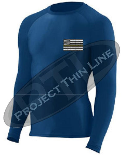 Navy Long Sleeve Compression embroidered Thin YELLOW  Line Subdued American Flag
