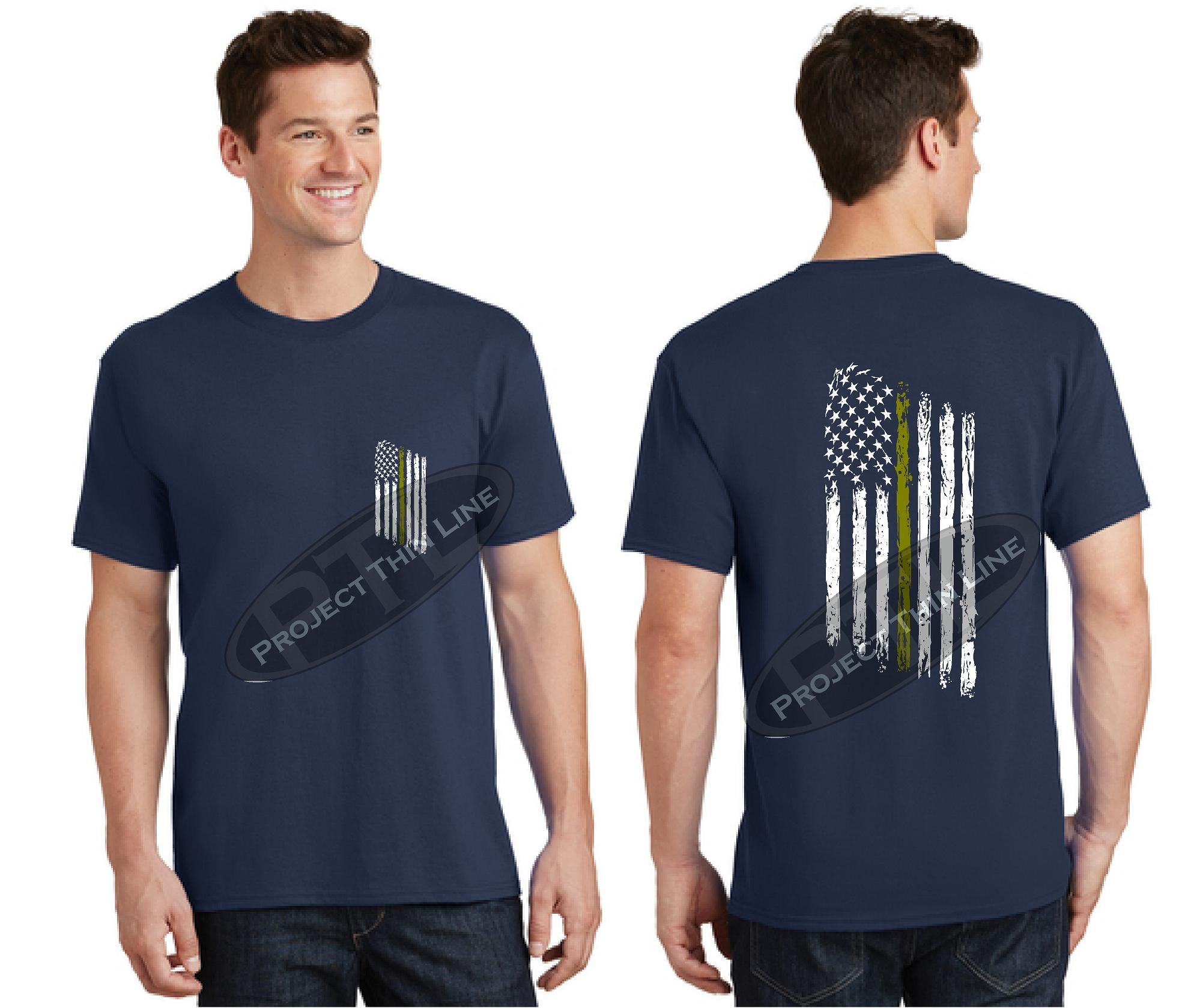 Dark Grey Thin GOLD Line Tattered American Flag Short Sleeve Shirt