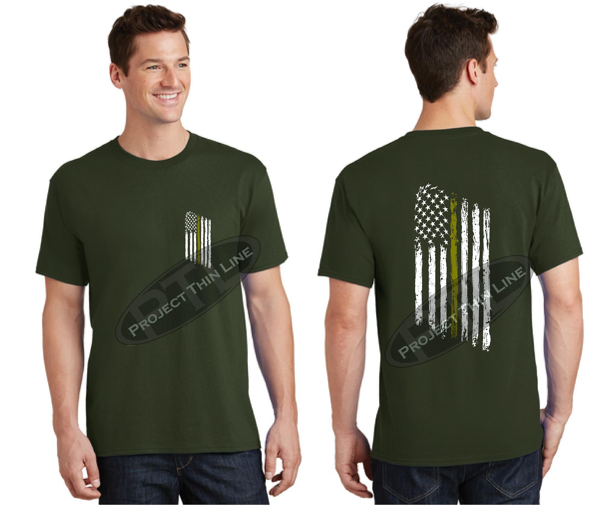 OD Green Thin GOLD Line Tattered American Flag Short Sleeve Shirt