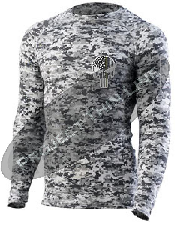 Digital Camo Long Sleeve Compression Shirt Thin GOLD Line Punisher Skull inlayed American Flag